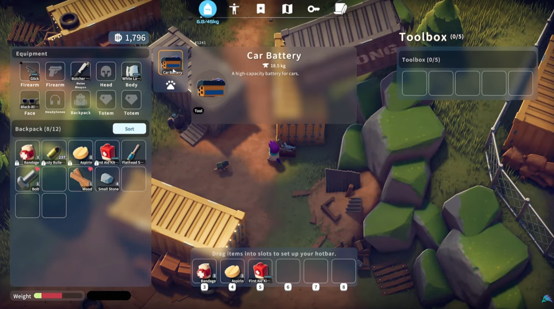 Base Stash Interface (highlighting Pet Slot and heavy items)